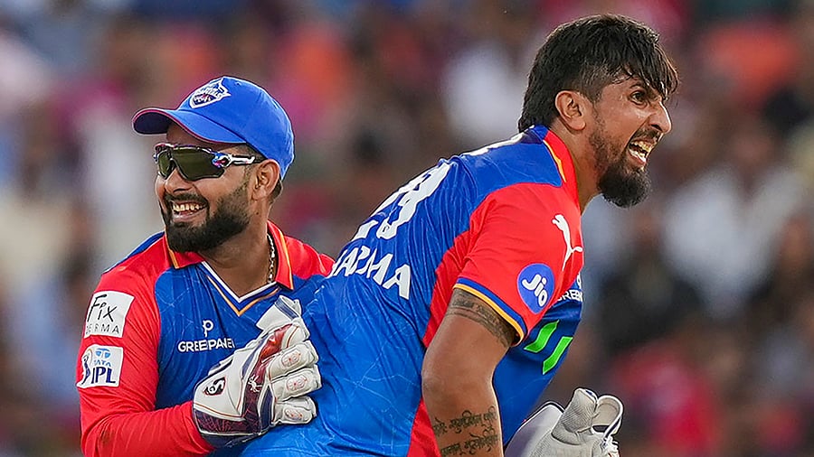 <div class="paragraphs"><p>Delhi Capital's Ishant Sharma celebrates with captain Rishabh Pant after dismissing Punjab Kings' Jonny Bairstow through a runout during the Indian Premier League (IPL) 2024 T20 cricket match between Delhi Capitals and Punjab Kings, at Maharaja Yadavindra Singh International Cricket Stadium, in Mohali, Saturday, March 23, 2024. </p></div>