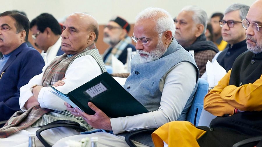 <div class="paragraphs"><p> Prime Minister Narendra Modi along with the Council of Ministers during a meeting on vision document for the Viksit Bharat 2047 & detailed action plan for next 5 years, in New Delhi</p></div>