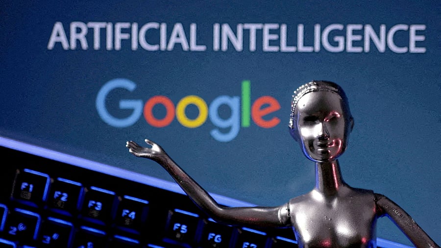 FILE PHOTO: Google logo and AI Artificial Intelligence words are seen in this illustration taken, May 4, 2023. REUTERS/Dado Ruvic/Illustration/File Photo