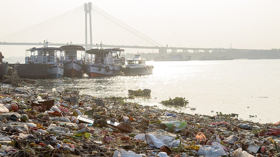 <div class="paragraphs"><p>Disposed offerings floating in the Ganga.</p></div>