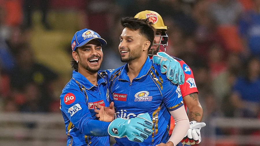 <div class="paragraphs"><p>Mumbai Indians bowler Akash Madhwal celebrates the wicket of Jitesh Sharma of PBKS during the Indian Premier League (IPL) 2024 cricket match between Punjab Kings (PBKS) and Mumbai Indians (MI) at Maharaja Yadavindra Singh International Cricket Stadium, Mullanpur, in Mohali, Thursday, April 18, 2024. </p></div>