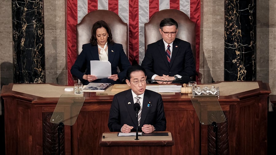 <div class="paragraphs"><p>Japanese Prime Minister Fumio Kishida addresses a joint meeting of Congress, as US Vice President Kamala Harris and House Speaker Mike Johnson  listen, at the US Capitol in Washington, US, April 11, 2024.</p></div>