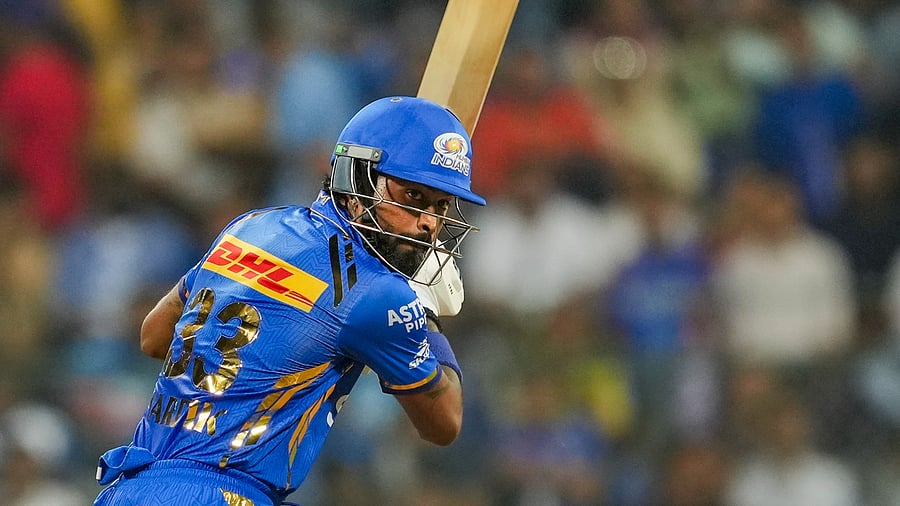<div class="paragraphs"><p>Mumbai Indians player Hardik Pandya plays a shot during the Indian Premier League 2024 match between Mumbai Indians and Rajasthan Royals, at Wankhede Stadium in Mumbai, on Monday.</p></div>