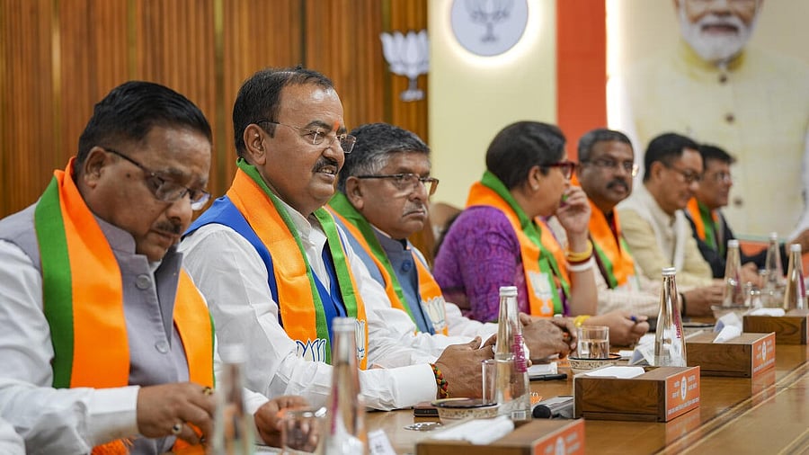 <div class="paragraphs"><p>Uttar Pradesh Deputy CM Keshav Prasad Maurya and other party leaders during BJP's manifesto committee meeting in New Delhi on Monday, April 1, 2024. </p></div>