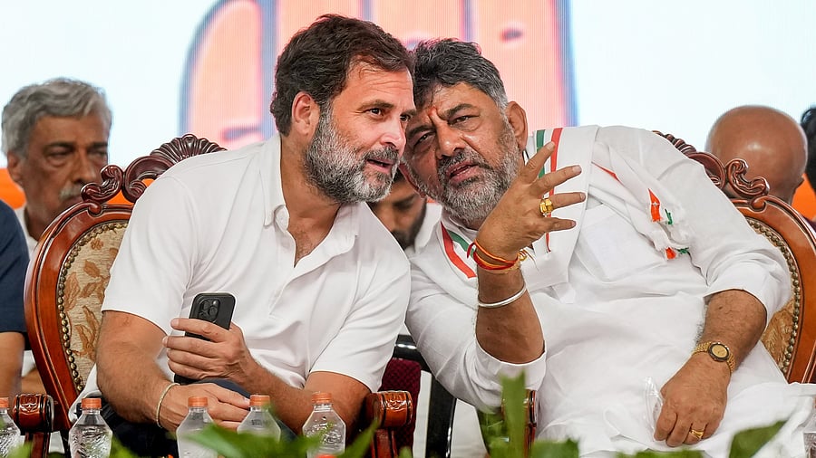 <div class="paragraphs"><p>Mandya: Congress leader Rahul Gandhi with Karnataka Deputy Chief Minister D K Shivakumar during an election campaign rally in support of the partys candidate from Mandya constituency Venkataramane Gowda (Star Chandru) ahead of the Lok Sabha elections, in Mandya district, Wednesday, April 17, 2024.</p></div>