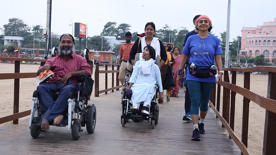 Gita (in blue) started her fourth design walk at the Empowerment Corridor on Marina Beach, Chennai. The corridor makes the sea accessible to all.