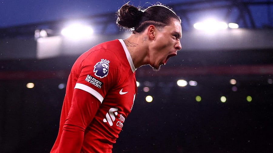 <div class="paragraphs"><p>Liverpool's Darwin Nunez celebrates scoring their first goal</p></div>