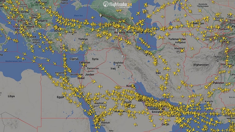 <div class="paragraphs"><p>A graphical representation of air traffic shows airspace over Iran and the neighbouring Middle East.</p></div>