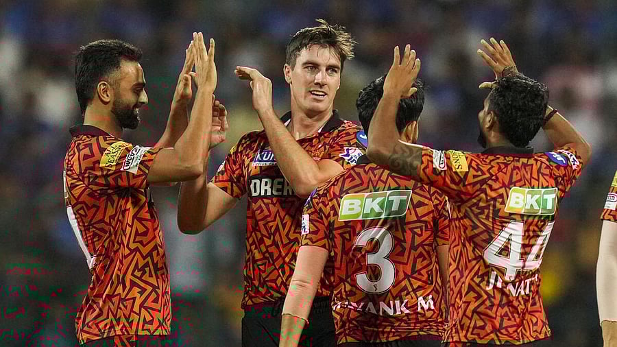 <div class="paragraphs"><p>Sunrisers Hyderabad bowler Pat Cummins celebrates the wicket of Royal Challengers Bengaluru batter Saurav Chauhan during the Indian Premier League (IPL) 2024 cricket match between Royal Challengers Bengaluru and Sunrisers Hyderabad, at M Chinnaswamy stadium in Bengaluru, Monday, April 15, 2024.</p></div>