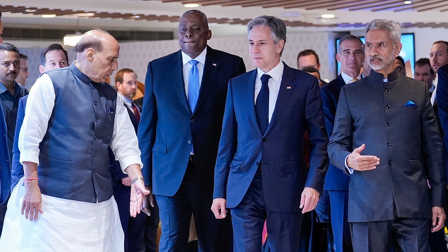 <div class="paragraphs"><p>New Delhi: Defence Minister Rajnath Singh and External Affairs Minister S. Jaishankar with US Secretary of State Antony Blinken and US Secretary of Defense Lloyd Austin </p></div>