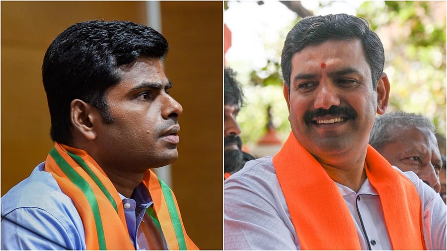 <div class="paragraphs"><p>Tamil Nadu BJP chief K Annamalai(L) and Karnataka party president B Y Vijayendra. </p></div>