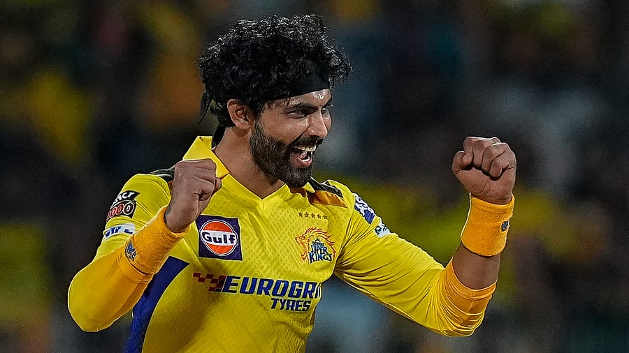 <div class="paragraphs"><p>Chennai Super Kings' Ravindra Jadeja celebrates after taking the wicket on Monday.</p></div>