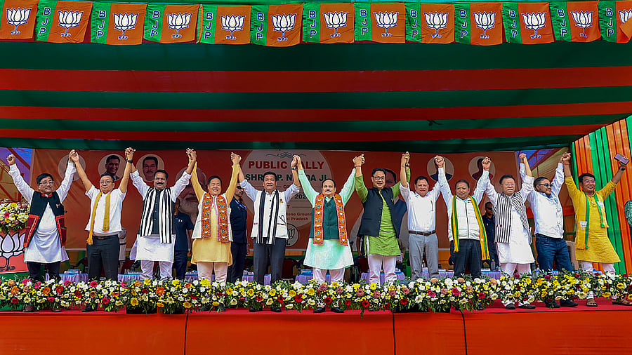 <div class="paragraphs"><p>BJP National President JP Nadda with Arunachal Pradesh Chief Minister Pema Khandu, Union Minister Kiren Rijiju, party's state president Biyuram Wahge and others during a public meeting ahead of the upcoming Lok Sabha election, in Itanagar.</p></div>