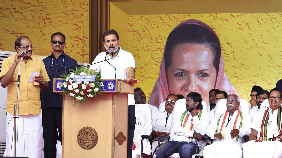 <div class="paragraphs"><p>Rahul Gandhi addresses an election campaign rally in support of I.N.D.I.A. alliance candidates ahead of Lok Sabha polls, in Tirunelveli. </p></div>