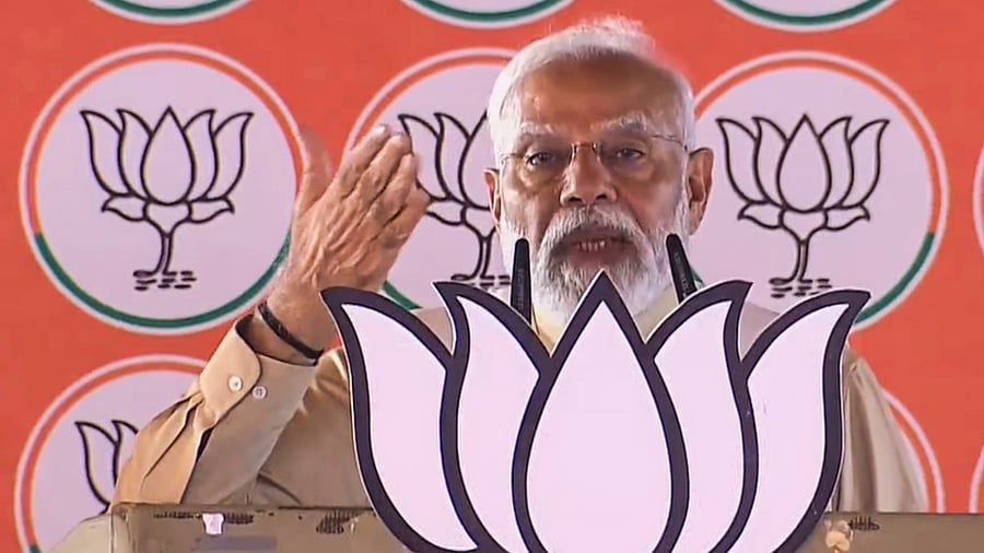 <div class="paragraphs"><p>Prime Minister Narendra Modi addresses a public meeting ahead of Lok Sabha elections, in Pilibhit, Tuesday, April 9, 2024. </p></div>