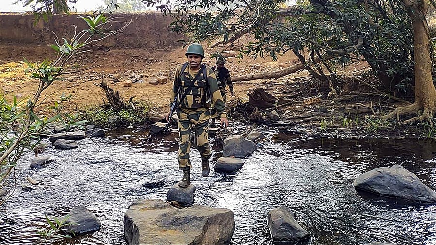 <div class="paragraphs"><p>Security personnel during an encounter with Naxalites, in Kanker district, on Tuesday.</p></div>