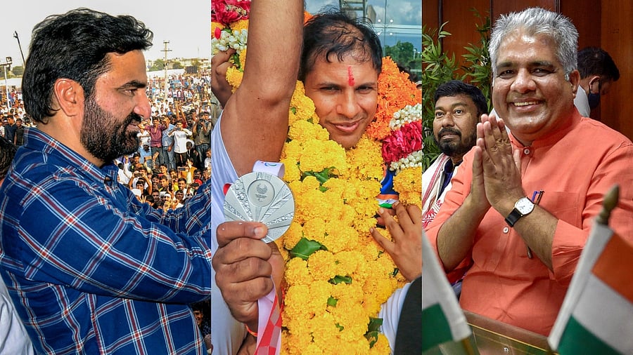 <div class="paragraphs"><p>(From Left) File images of I.N.D.I.A. alliance candidate Hanuman Beniwal; Paralympian Devendra Jhajhariya; Union Minister Bhupendra Yadav</p></div>