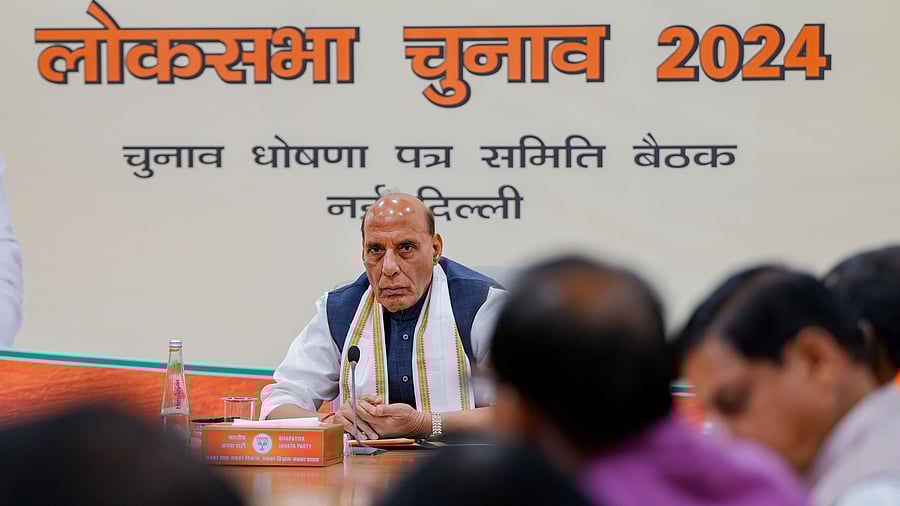 <div class="paragraphs"><p>efence Minister Rajnath Singh chairs BJP's manifesto committee meeting ahead of the upcoming Lok Sabha elections, in New Delhi, on Monday.</p></div>