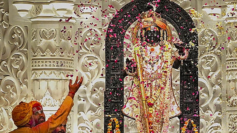 <div class="paragraphs"><p>Flower petals being showered on the idol of Ram Lalla during 'Rangotsav' celebrations at the Ram Temple, in Ayodhya. </p></div>