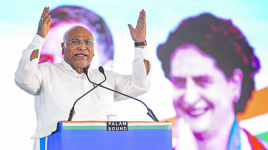 <div class="paragraphs"><p>Congress president Mallikarjun Kharge speaks during an election rally in Jaipur.&nbsp;&nbsp;</p></div>