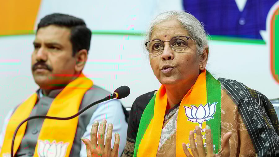 <div class="paragraphs"><p>Union Minister and BJP leader Nirmala Sitharaman addresses a press conference at the party office, in Bengaluru, Saturday, April 6, 2024. </p></div>