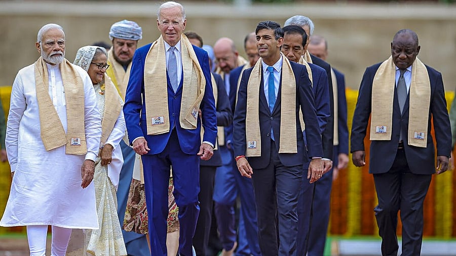 <div class="paragraphs"><p>Narendra Modi with world leaders at the G20 summit in India.</p></div>