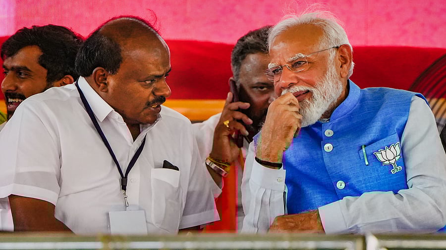 <div class="paragraphs"><p>Prime Minister Narendra Modi with JD(S) leader & Mandya NDA candidate H D Kumaraswamy at an election campaign rally ahead of Lok Sabha election, in Mysuru.</p></div>