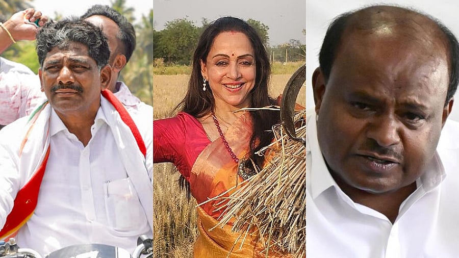 <div class="paragraphs"><p>From Left&nbsp;D K Suresh, Hema Malini and&nbsp;H D Kumaraswamy</p></div>