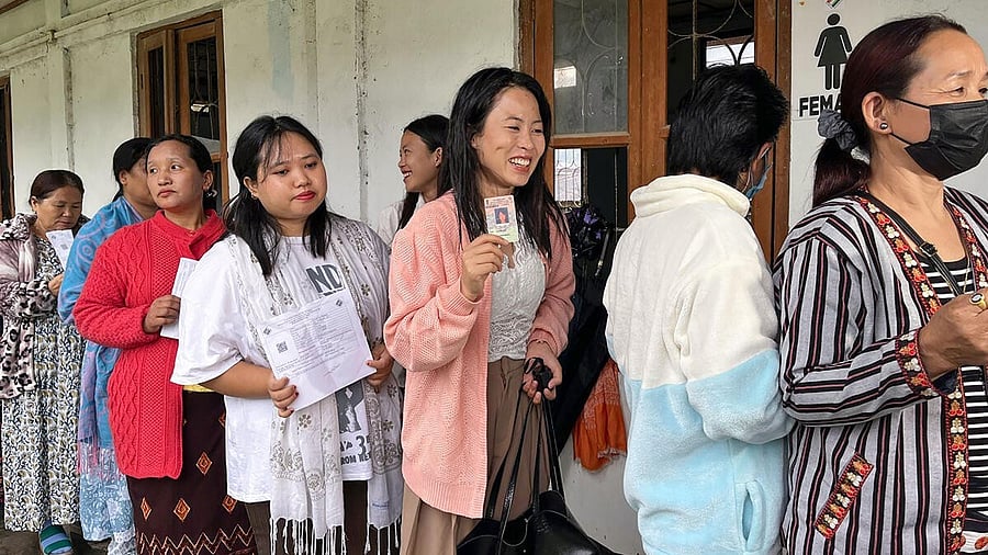 <div class="paragraphs"><p>Women wait in a queue to cast their votes, in Sagalee, Arunachal Pradesh.&nbsp;</p></div>