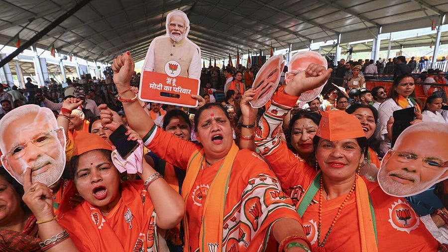 <div class="paragraphs"><p>BJP supporters during a public meeting to be addressed by Prime Minister Narendra Modi, ahead of the upcoming Lok Sabha election, in Udhampur.</p></div>