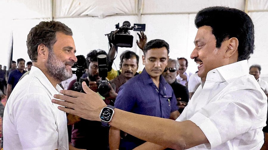 <div class="paragraphs"><p>Rahul Gandhi (L) and M K Stalin.</p></div>