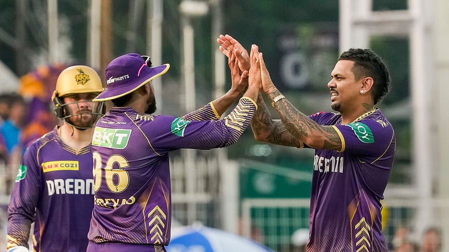 <div class="paragraphs"><p>Kolkata: Kolkata Knight Riders' Sunil Narine celebrates with teammates after taking the wicket of Lucknow Super Giants Ayush Badoni during an Indian Premier League (IPL) 2024 cricket match between Kolkata Knight Riders (KKR) and Lucknow Super Giants (LSG), at the Eden Gardens, in Kolkata, Sunday, April 14, 2024. </p></div>