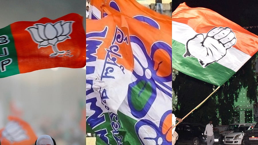 <div class="paragraphs"><p>BJP, TMC, Congress flags.</p></div>