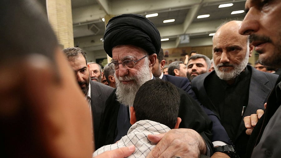 <div class="paragraphs"><p>Iran's Supreme Leader, Ayatollah Ali Khamenei, meets with the family of one of the members of the Islamic Revolutionary Guard Corps who were killed in the Israeli airstrike on the Iranian embassy complex in the Syrian capital Damascus, during a funeral ceremony in Tehran, Iran April 4, 2024. </p></div>