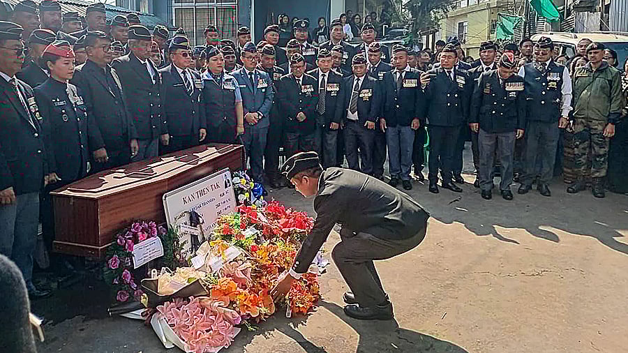 <div class="paragraphs"><p>People pay their last respects to Subedar Thanseia, a World War II veteran of the Indian Army's Assam Regiment, who passed away at the age of 102 on Sunday, March 31, 2024.</p></div>