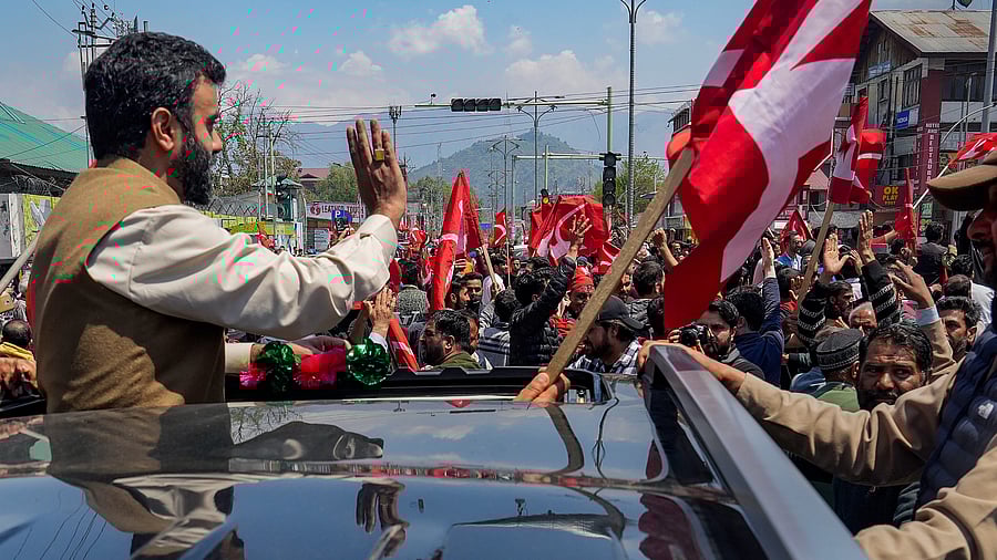 <div class="paragraphs"><p>ational Conference leader Aga Syed Ruhullah Mehdi during his nomination filing rally for Lok Sabha elections, in Srinagar.</p></div>