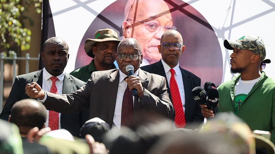 <div class="paragraphs"><p>Former South African President Jacob Zuma speaks on the day he attends the case of his private prosecution against South African President Cyril Ramaphosa in the Johannesburg High Court, in Johannesburg, South Africa, April 11, 2024. </p></div>
