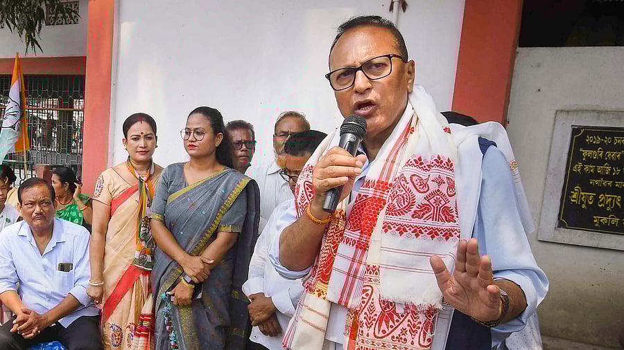 <div class="paragraphs"><p>Congress candidate from the Nagaon Lok Sabha constituency Pradyut Bordoloi during his election campaign for the upcoming elections, at Phulaguri, in Nagaon district, Tuesday, April 9, 2024. </p></div>