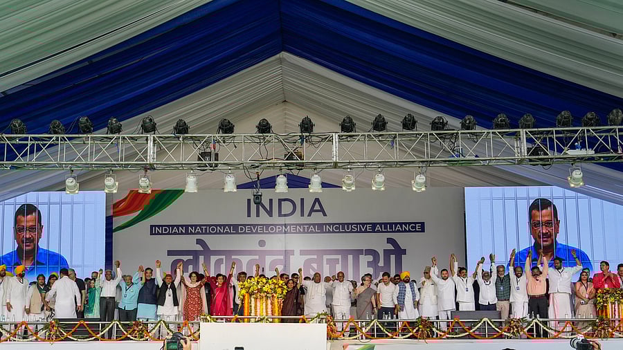 <div class="paragraphs"><p>I.N.D.I.A. bloc leaders during 'Loktantra Bachao Rally' at Ramleela Maidan, in New Delhi, Sunday, March 31, 2024. </p></div>