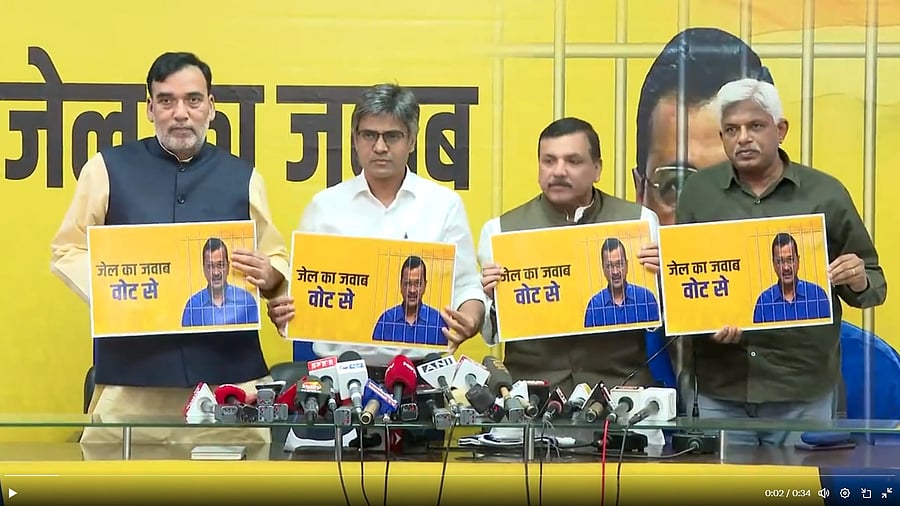 <div class="paragraphs"><p>Aam Aadmi Party leaders including Gopal Rai, Sanjay Singh and others at the 'Jail Ka Jawab Vote Se' campaign in Delhi. </p></div>