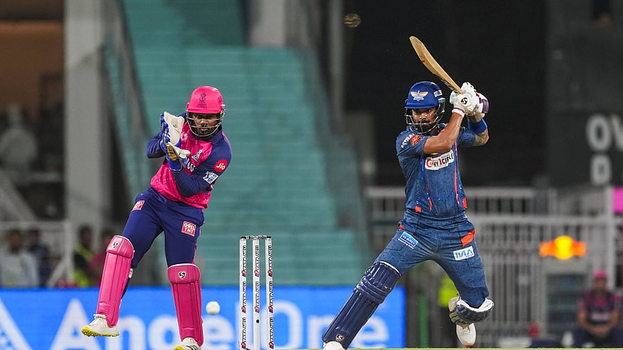 <div class="paragraphs"><p>Lucknow Super Giants captain KL Rahul plays a shot during an Indian Premier League (IPL) 2024 T20 cricket match between Lucknow Super Giants and Rajasthan Royals, at the Bharat Ratna Shri Atal Bihari Vajpayee Ekana Cricket Stadium, in Lucknow, Saturday, April 27, 2024. </p></div>