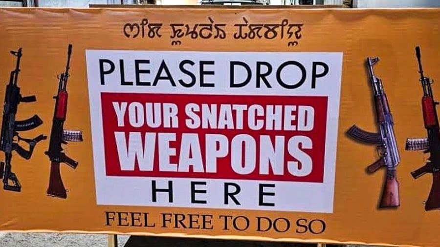 <div class="paragraphs"><p>Weapon drop boxes in violence hit Manipur seeking return of stolen weapons.</p></div>