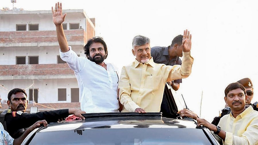 <div class="paragraphs"><p>Janasena party President Pawan Kalyan (left) with Telugu Desam Party chief N Chandrababu Naidu during a roadshow in Pedana in Andhra Pradesh. </p></div>