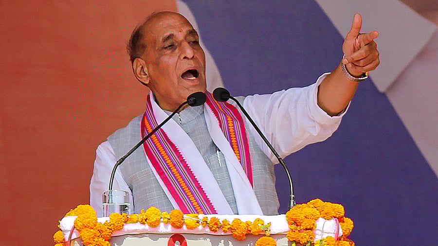 <div class="paragraphs"><p>Defence Minister Rajnath Singh during a public meeting.</p></div>