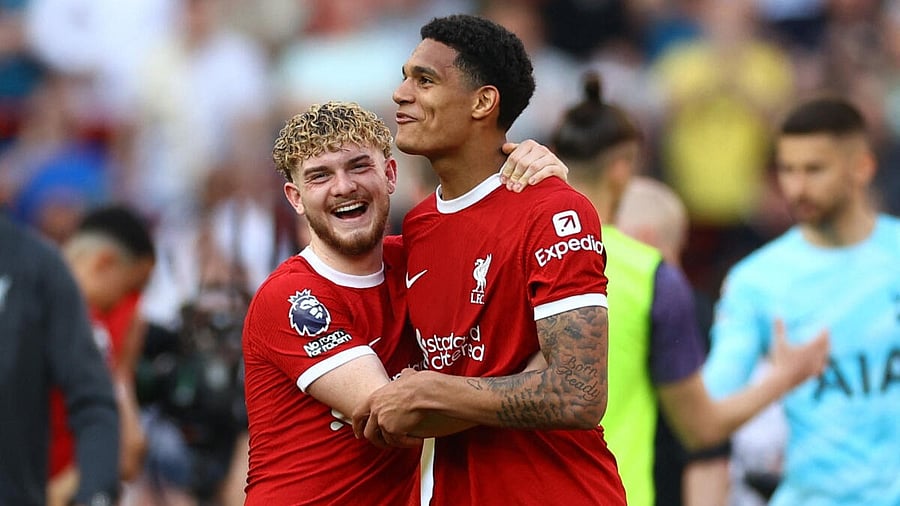 <div class="paragraphs"><p>Liverpool's Harvey Elliott and Jarell Quansah celebrate after the match.</p></div>