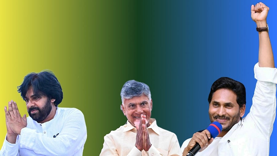 <div class="paragraphs"><p>JanaSena party President Pawan Kalyan, TDP President N Chandrababu Naidu and YSRCP chief Y S Jagan Mohan Reddy.</p></div>