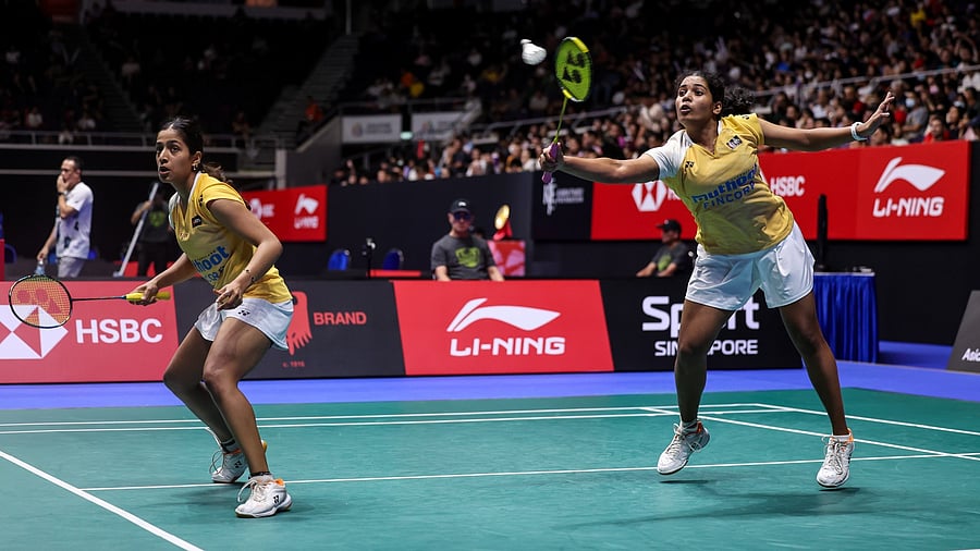 <div class="paragraphs"><p>Gayatri Gopichand (left) and Treesa Jolly (right) during the Singapore Open.</p></div>