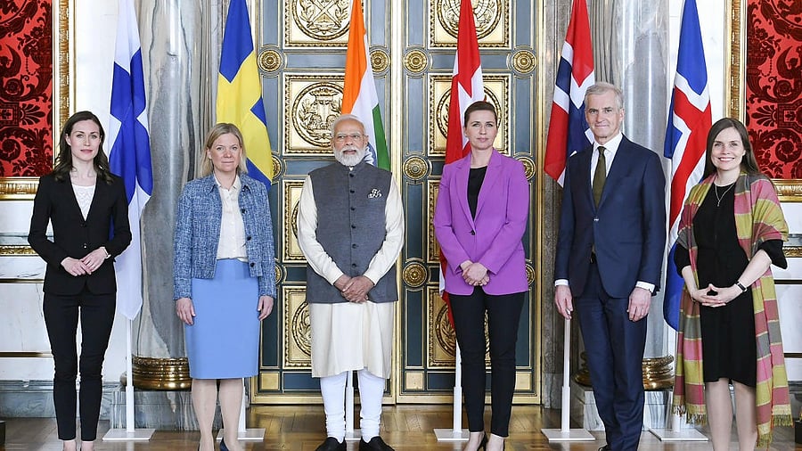 <div class="paragraphs"><p>PM Modi Modi with his Denmark counterpart Mette Frederiksen, Prime Minister of Norway Jonas Gahr Støre, Prime Minister of Iceland Katrín Jakobsdóttir, Prime Minister of Sweden Magdalena Andersson and Prime Minister of Finland Sanna Marin during the India-Nordic Summit 2022, in Copenhagen.&nbsp;</p></div>