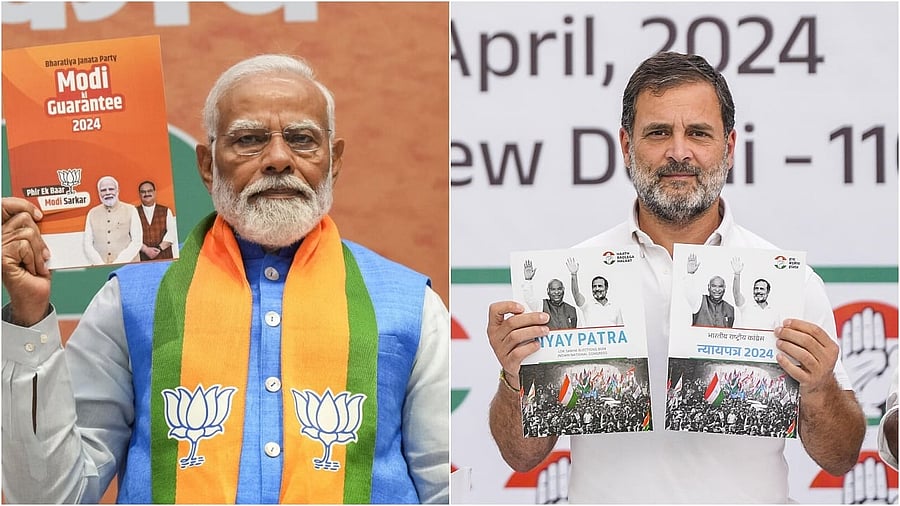 <div class="paragraphs"><p>PM Narendra Modi with BJP's poll manifesto (L) and (R) Rahul Gandhi with the Congress manifesto for the Lok Sabha polls. </p></div>