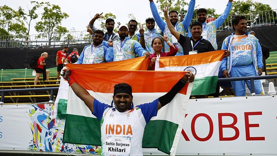 <div class="paragraphs"><p> India's Sachin Sarjerao Khilari celebrates after winning the Men's Shot Put F46 Final.</p></div>
